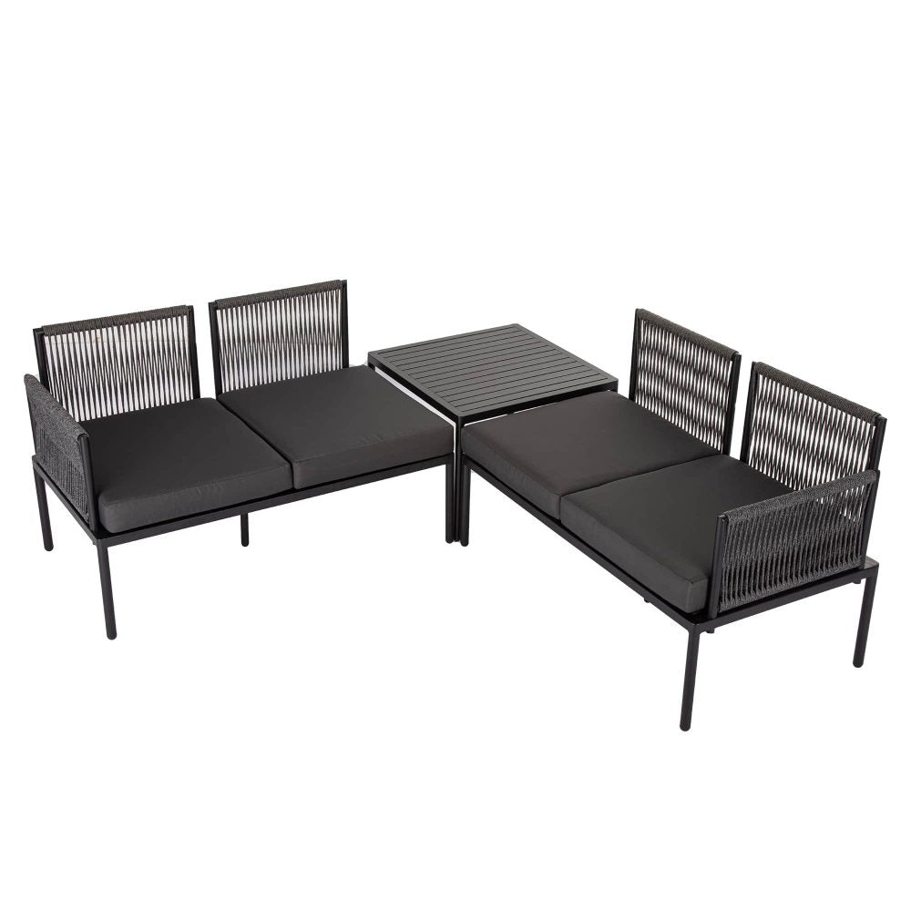 Eden 4-Seater Outdoor Lounge Set with Coffee Table in Black-Stylish Textile and Rope Design