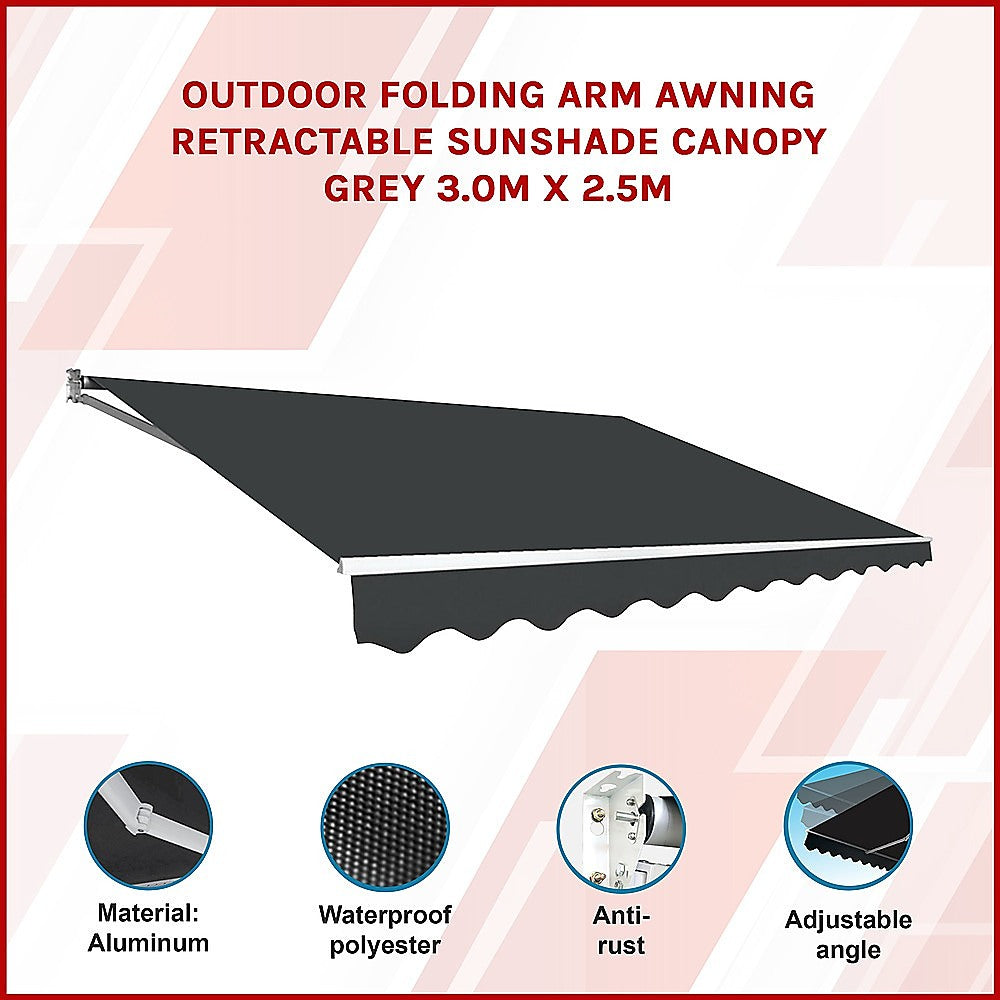 Outdoor Folding Arm Awning Retractable Sunshade Canopy Grey 3.0m x 2.5m