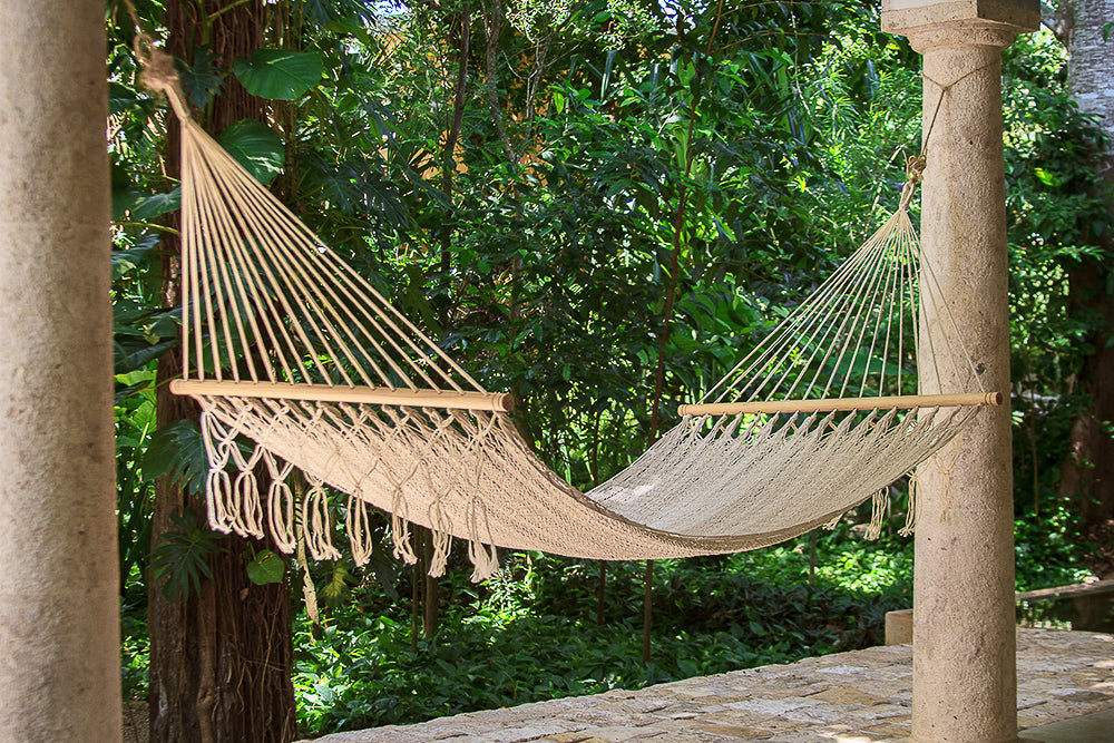 Mayan Legacy Queen Size Outdoor Cotton Mexican Resort Hammock With Fringe in Cream Colour