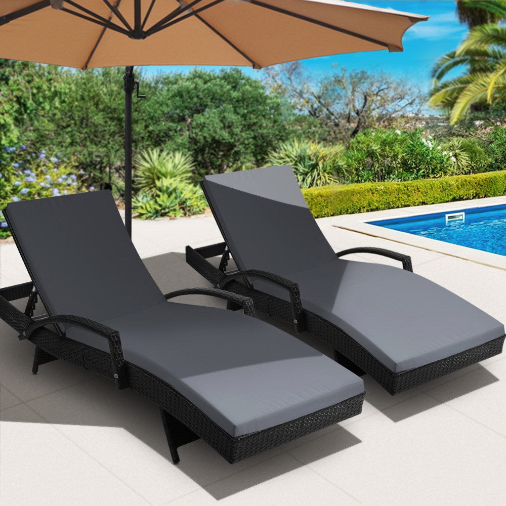 Gardeon 2PC Sun Lounge Wicker Lounger Outdoor Furniture Beach Chair Patio Adjustable Cushion Black