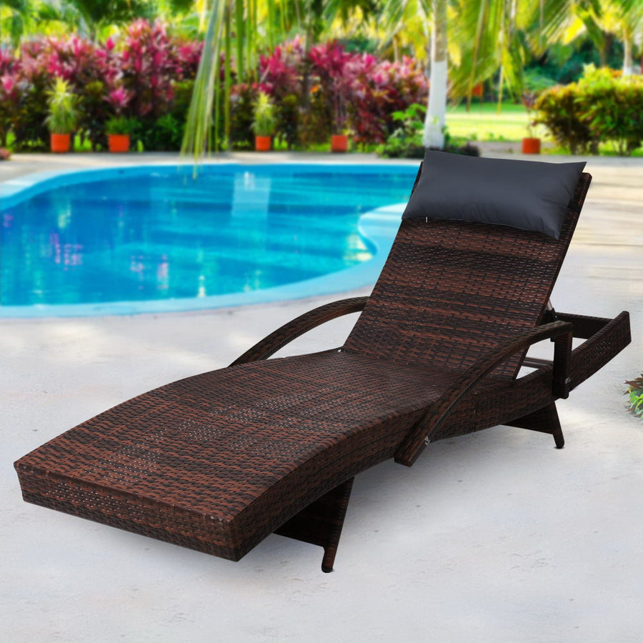 Gardeon Sun Lounge Wicker Lounger Outdoor Furniture Beach Chair Armrest Adjustable Brown