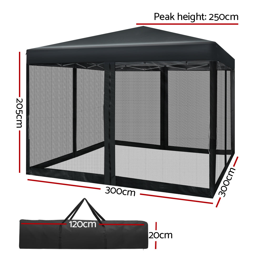 Instahut Gazebo Pop Up Marquee 3x3m Wedding Party Outdoor Camping Tent Canopy Shade Mesh Wall Black