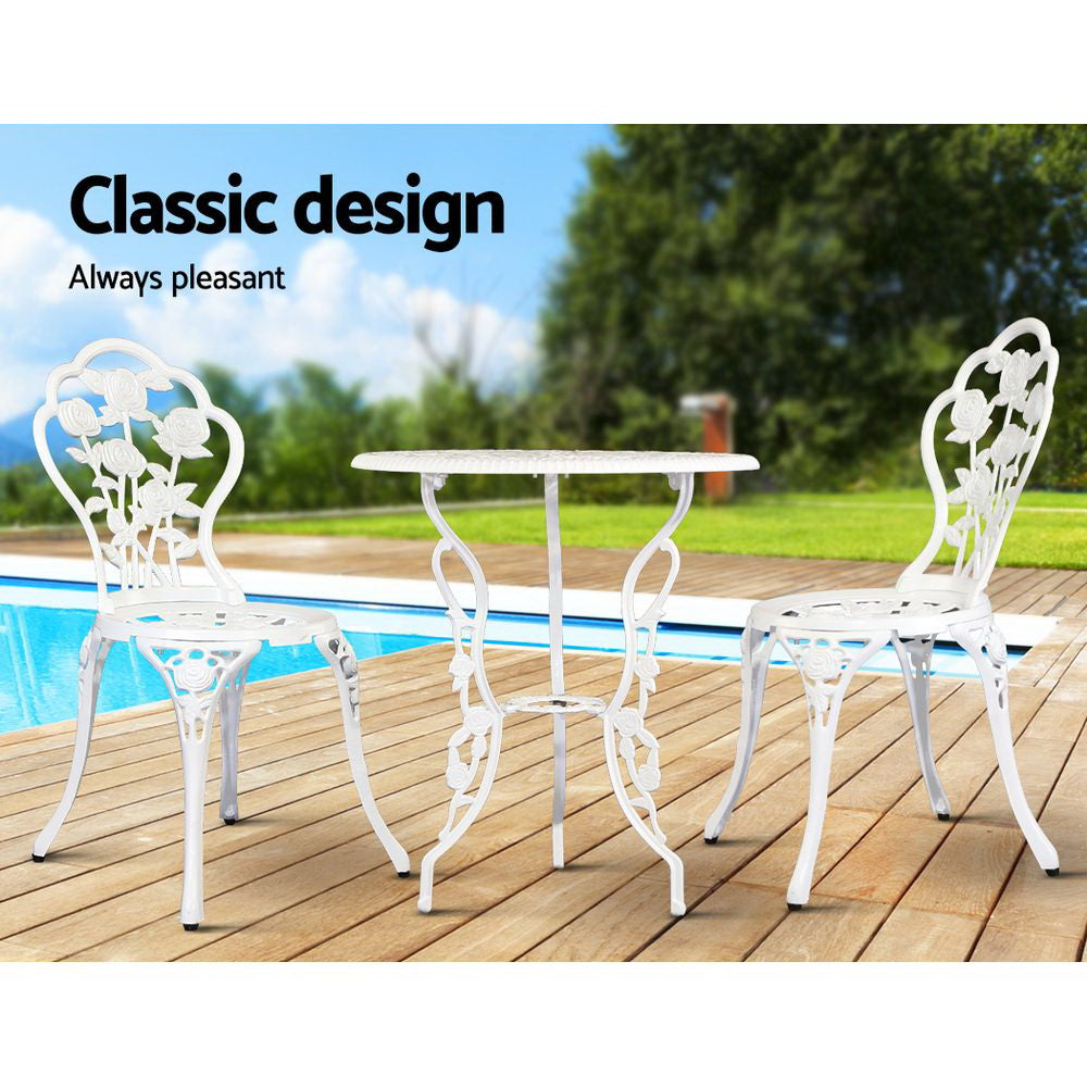 Gardeon 3PC Outdoor Setting Bistro Set Chairs Table Cast Aluminum Patio Furniture Rose White