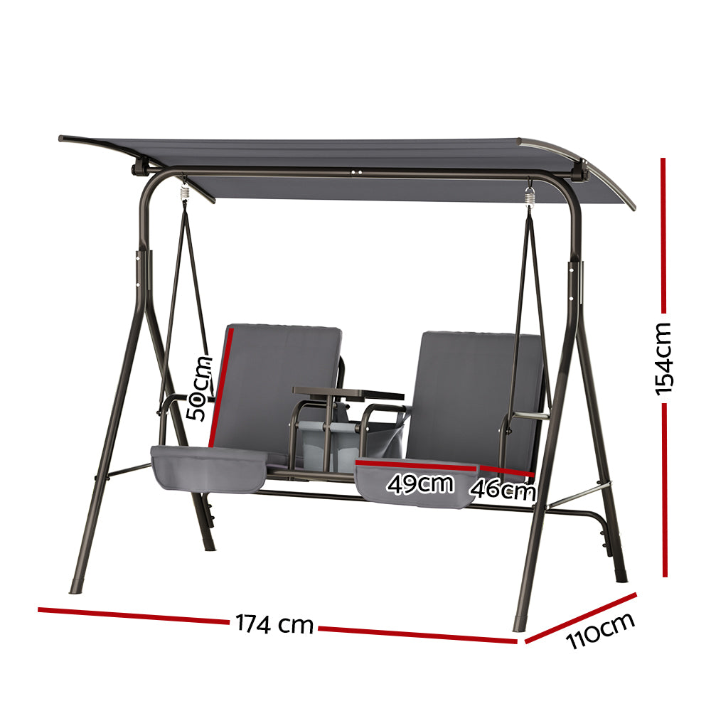 Gardeon Outdoor Swing Chair Garden Furniture Canopy Cup Holder 2 Seater Grey