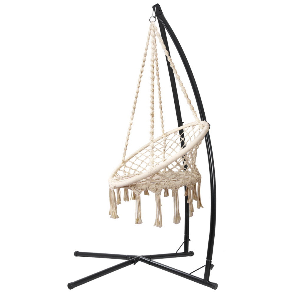 Gardeon Hammock Chair with Steel Stand Macrame Outdoor Swinging Cream