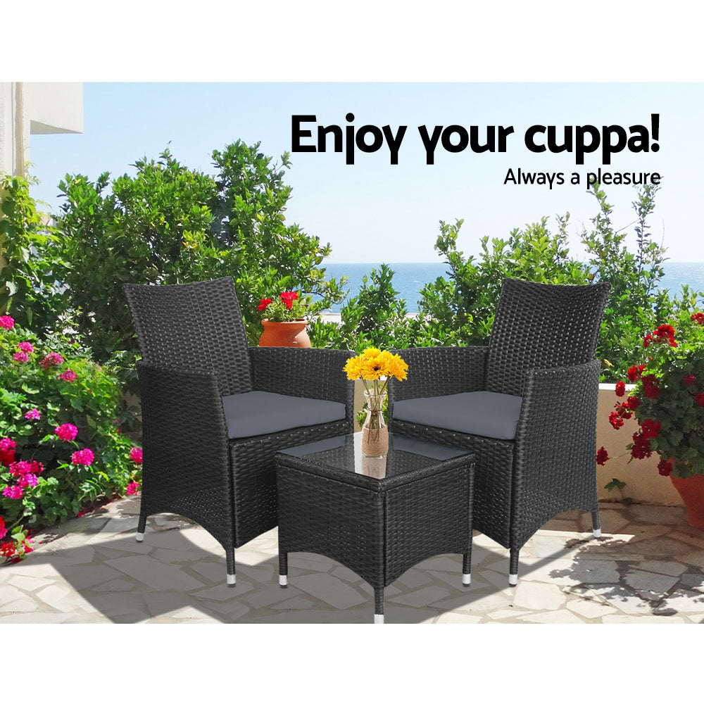 Gardeon 3PC Outdoor Bistro Set Patio Furniture Wicker Setting Chairs Table Cushion Black