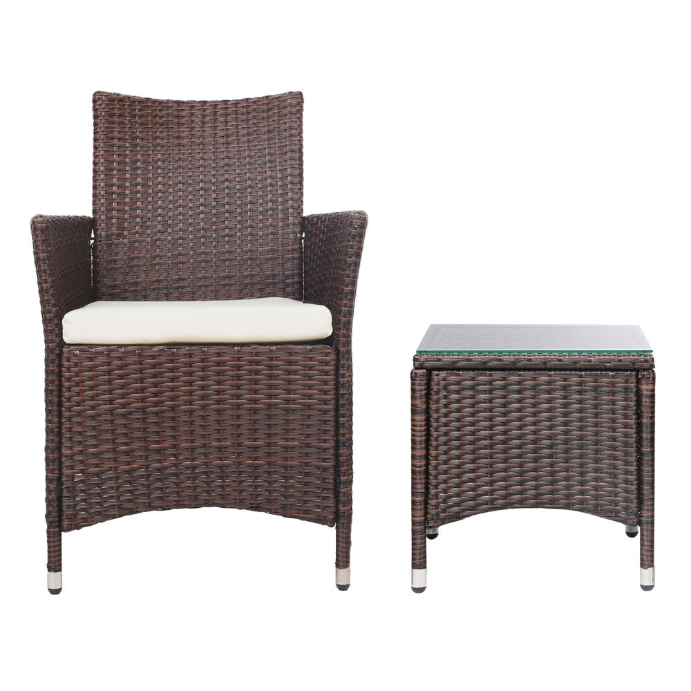 Gardeon 3PC Outdoor Bistro Set Patio Furniture Wicker Setting Chairs Table Cushion Brown