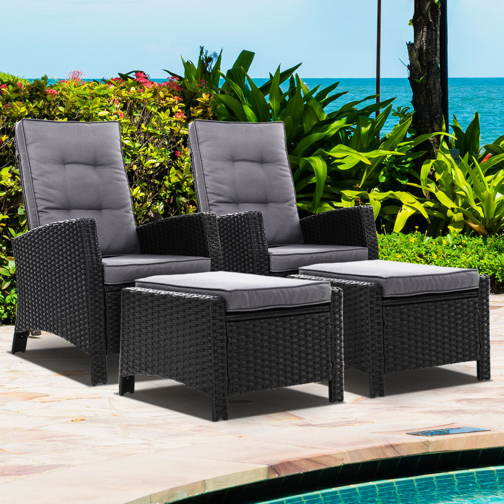 Gardeon 2PC Recliner Chairs Sun lounge Wicker Lounger Outdoor Furniture Adjustable Black