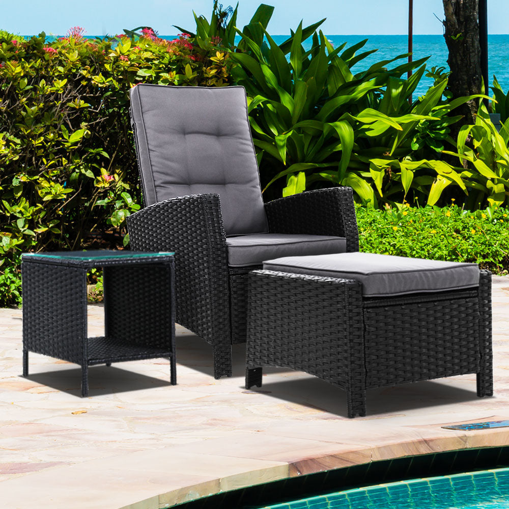 Gardeon 3PC Recliner Chairs Table Sun lounge Wicker Outdoor Furniture Adjustable Black