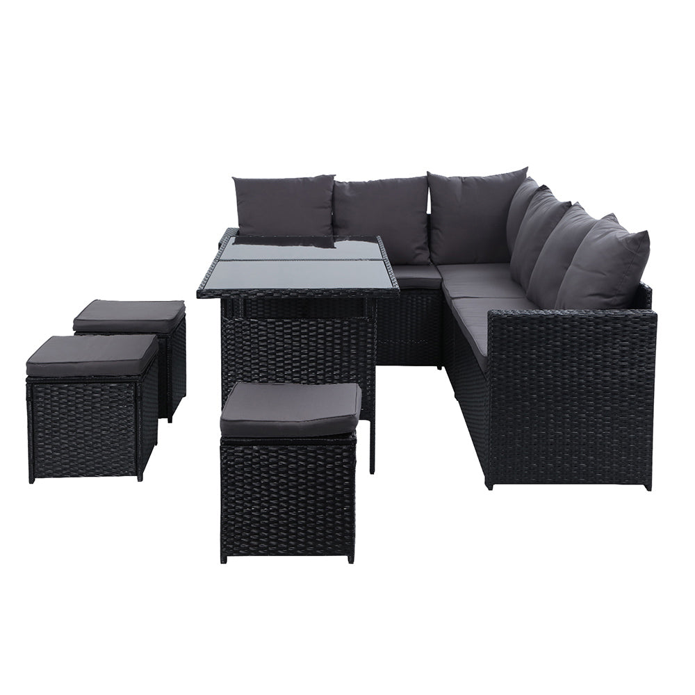 Gardeon Outdoor Dining Set Sofa Lounge Setting Chairs Table Ottoman Black Cover