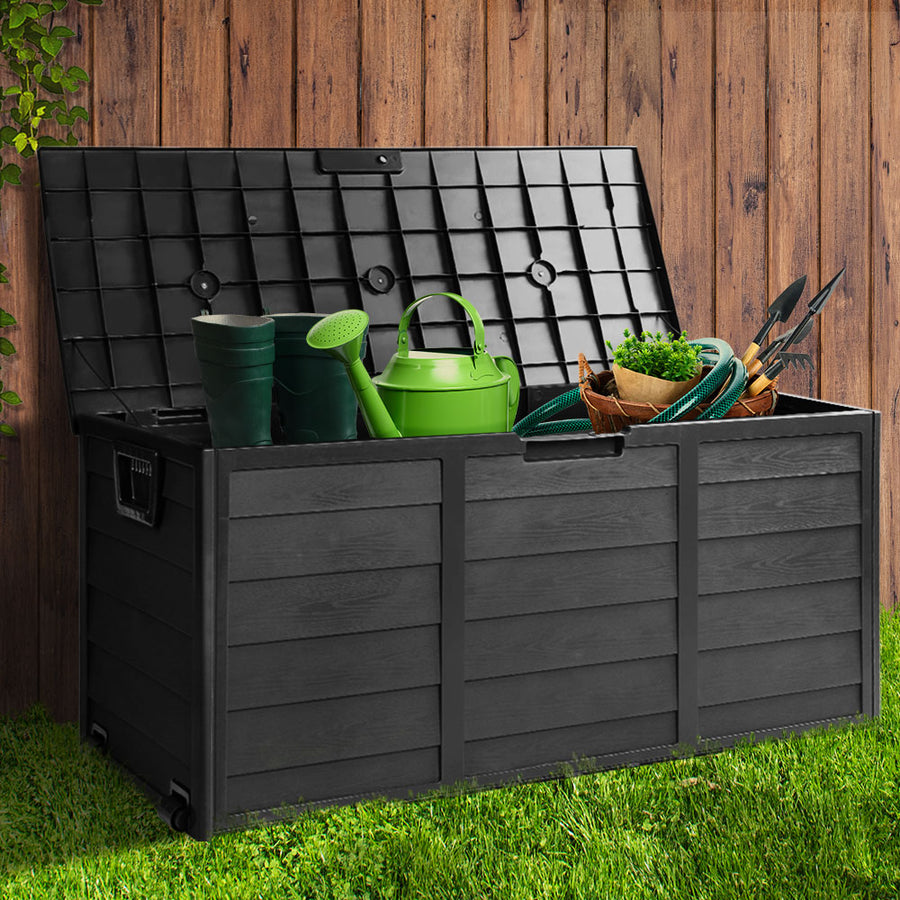 Gardeon Outdoor Storage Box 290L Lockable Organiser Garden Deck Shed All Black