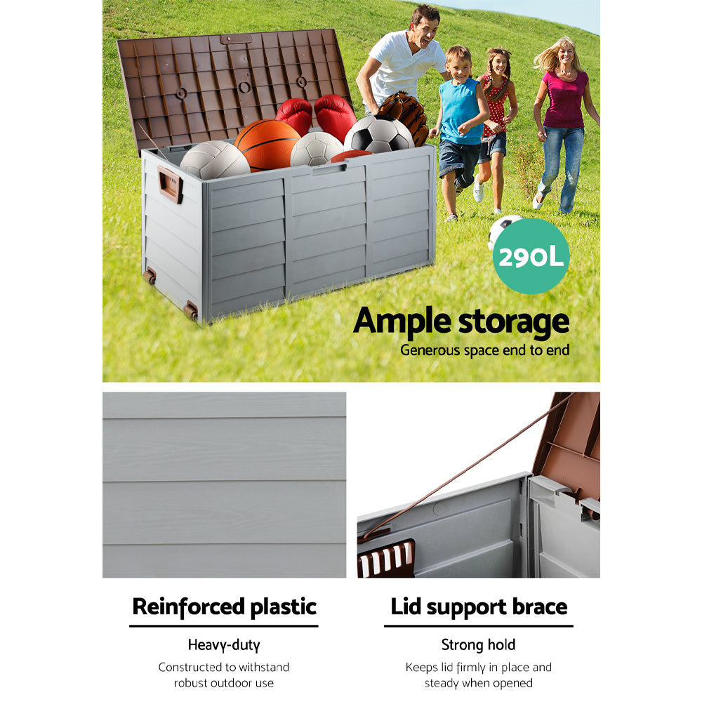 Gardeon Outdoor Storage Box 290L Lockable Organiser Garden Deck Shed Tool Brown