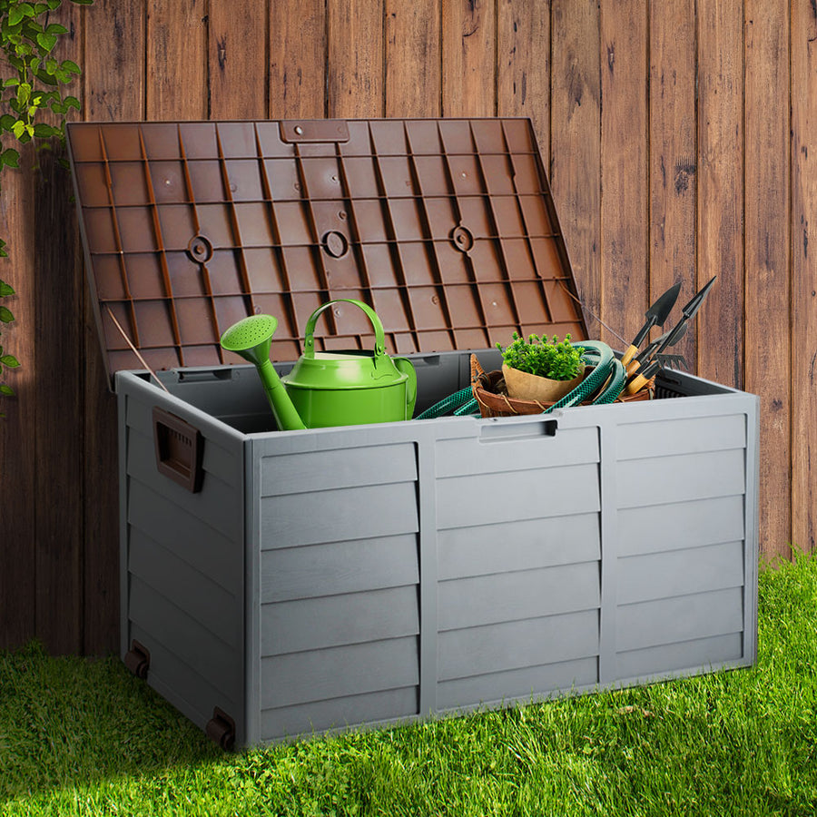 Gardeon Outdoor Storage Box 290L Lockable Organiser Garden Deck Shed Tool Brown