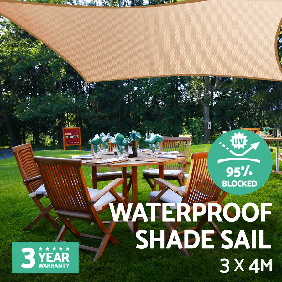 Instahut Waterproof Shade Sail 3x4m Rectangle Sand 95% Shade Cloth