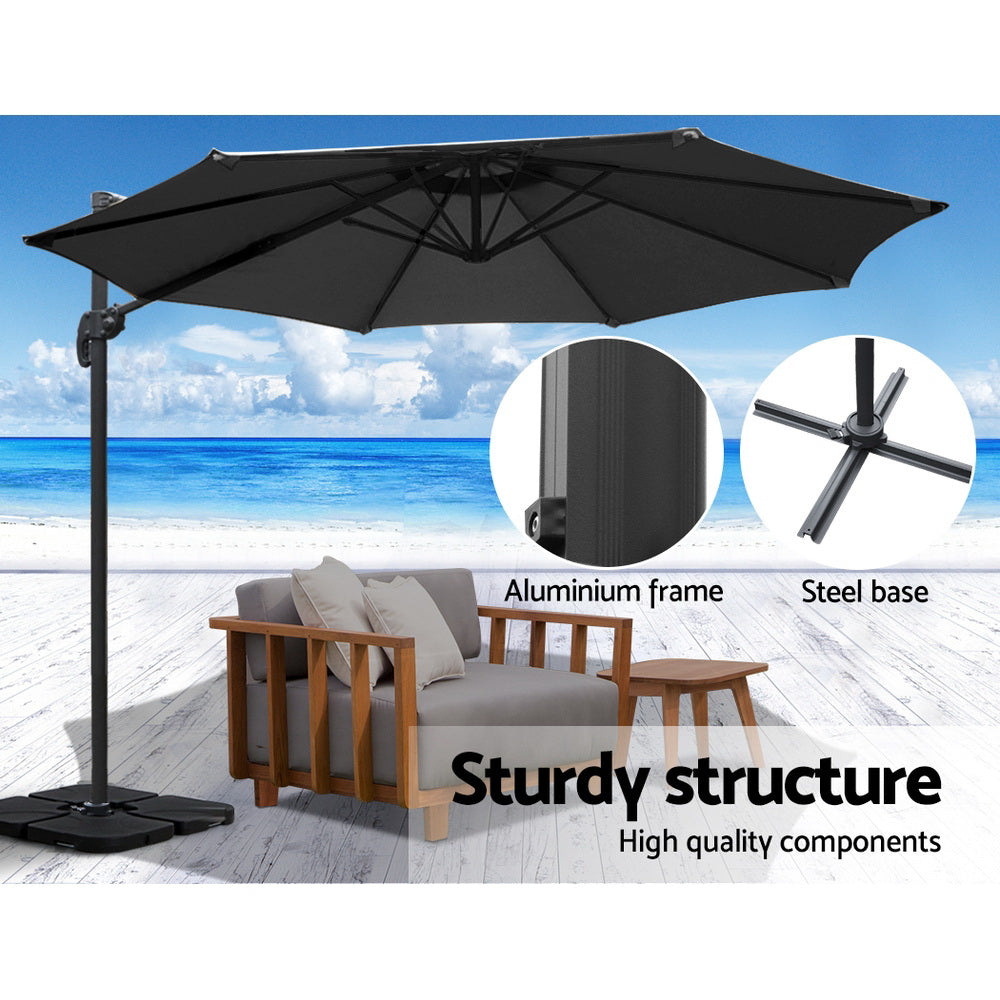 Instahut 3m Outdoor Umbrella w/Base Cantilever Beach Roma 360 Degree Tilt Black