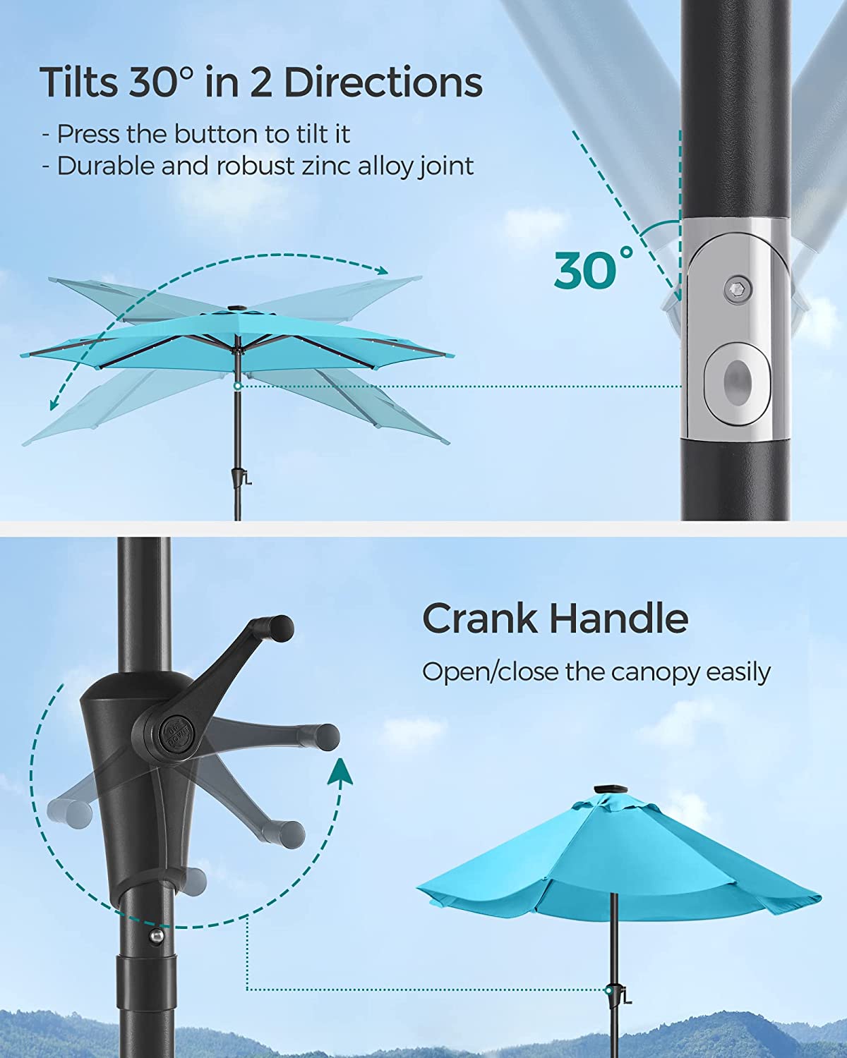 SONGMICS 2.7m Solar Lighted Outdoor Patio Umbrella Lake Blue