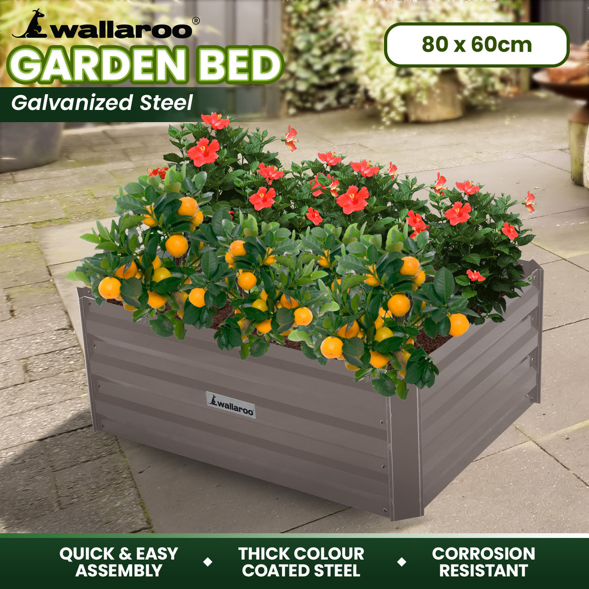 Wallaroo Garden Bed 80 x 60 x 30cm Galvanized Steel - Grey