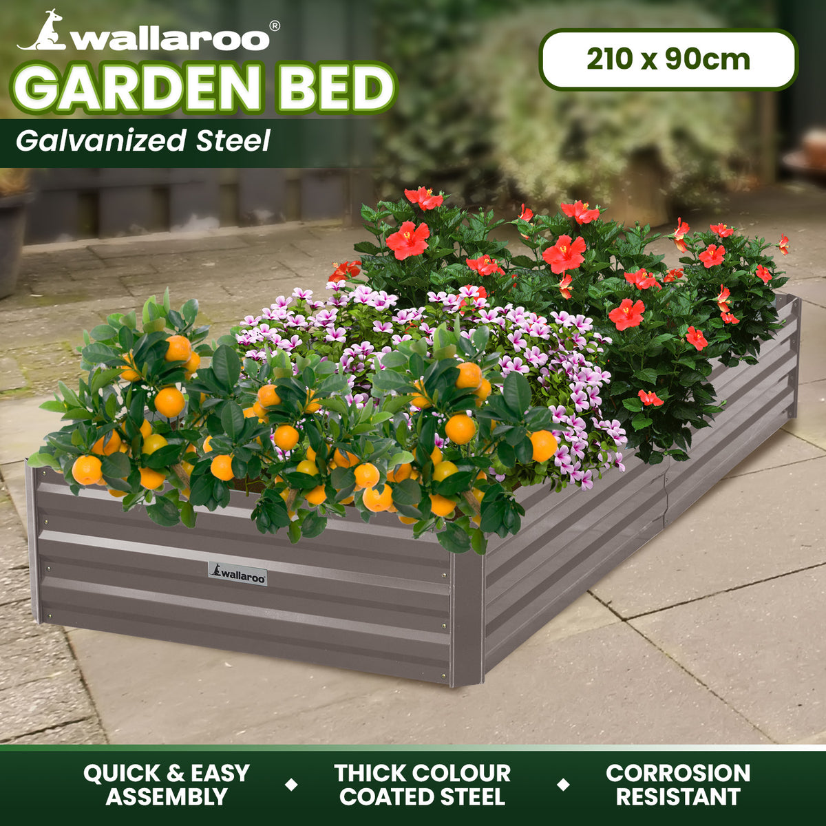 Wallaroo Garden Bed 210 x 90 x 30cm Galvanized Steel - Grey