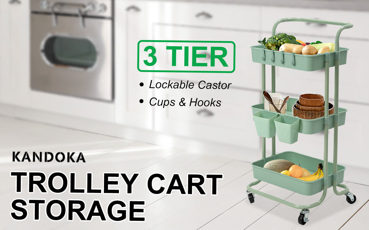 Trolley Cart Storage Utility Rack Shelf Organiser Swivel Kitchen 3 Tier GREEN