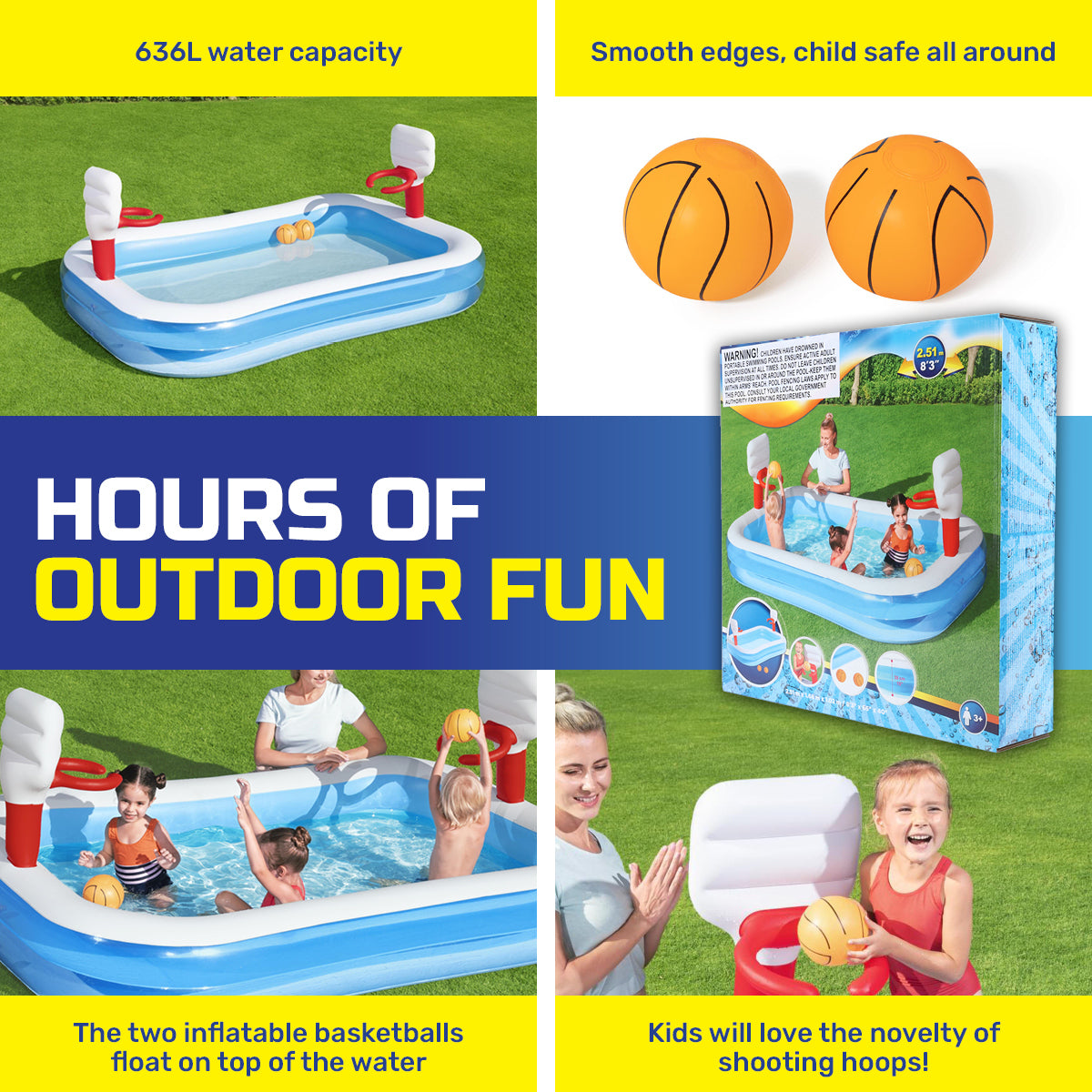 Bestway Inflatable Kids Basketball Pool Built-In Hoops Balls Included 636L