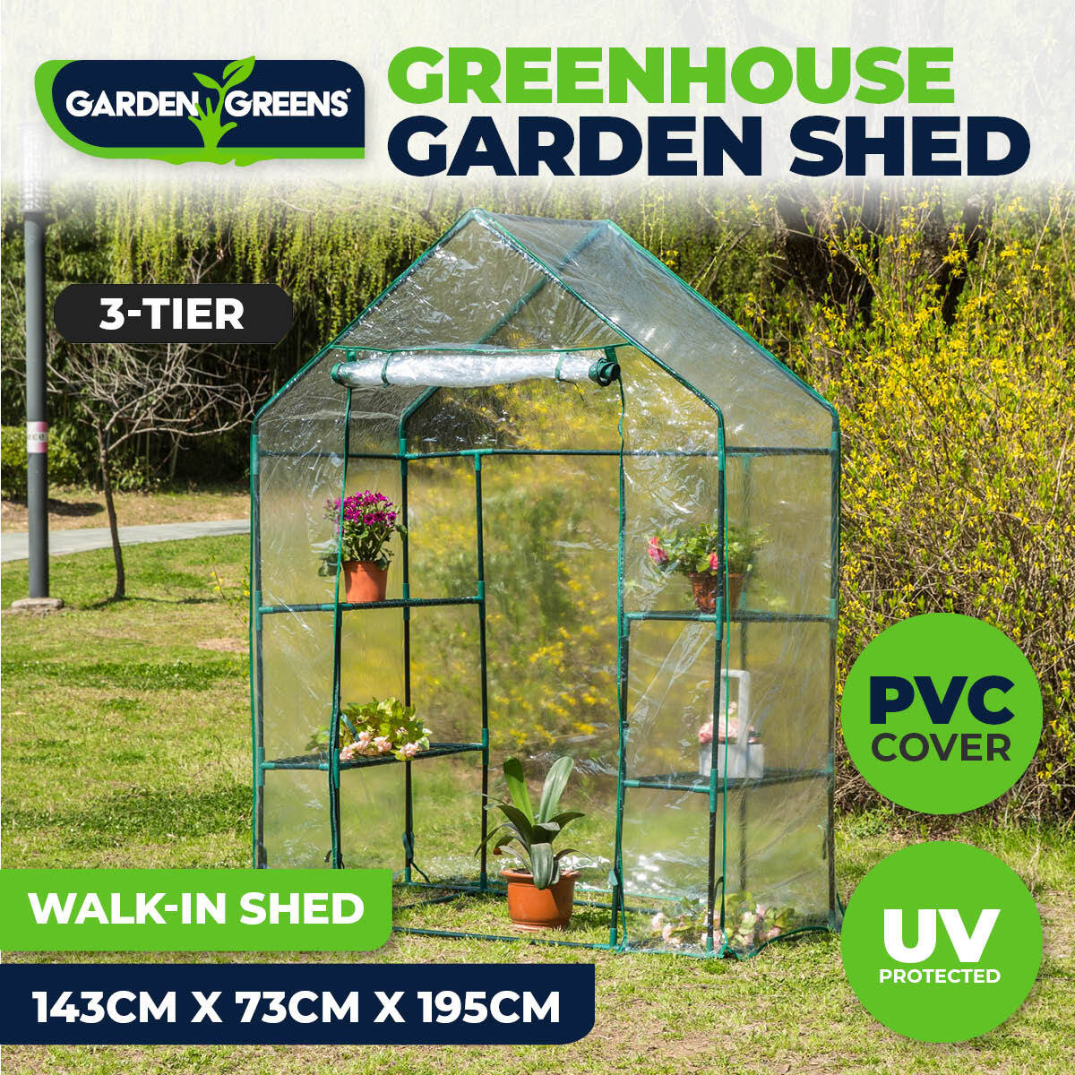 Garden Greens Greenhouse Walk-In Shed 3 Tier Solid Structure & Quality 1.95m