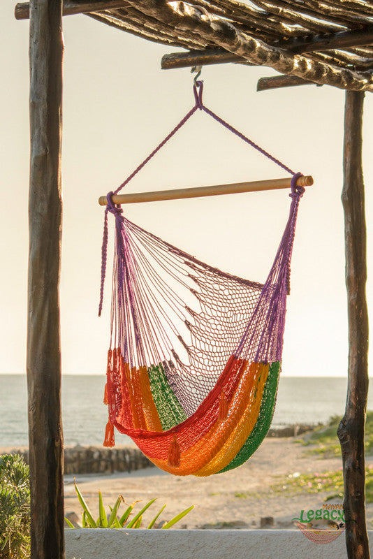 Mayan Legacy Extra Large Outdoor Cotton Mexican Hammock Chair in Rainbow Colour